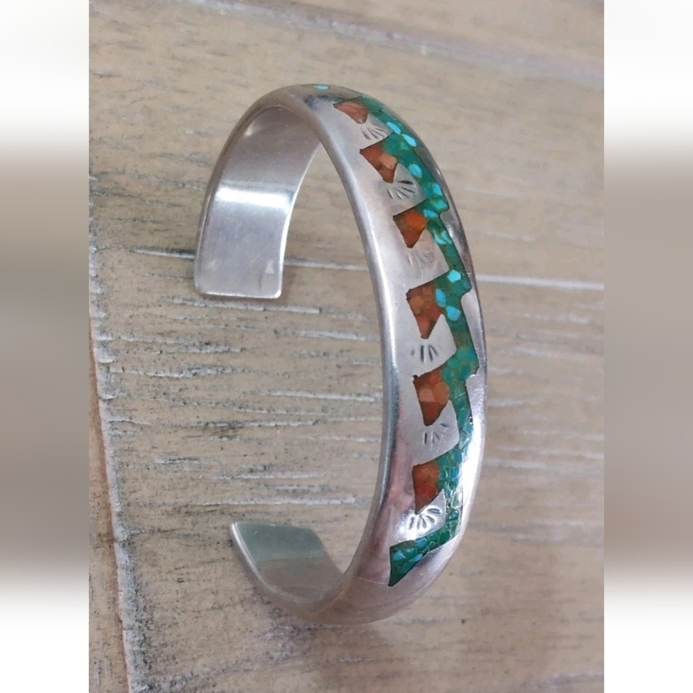 Signed Native American Sterling Inlay Cuff CJ (Charlie John)